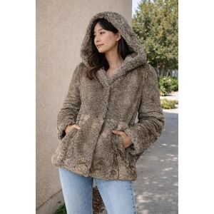 Vintage Hooded Rabbit Fur Coat Gray Brown Women's Size XS‎ Warm Winter